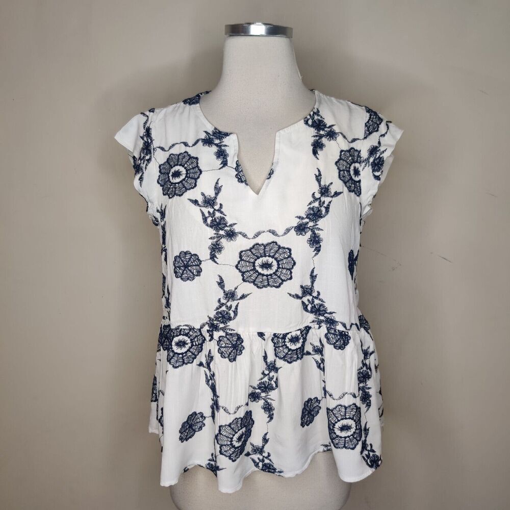 Renee C Floral Embroidered Top Short Sleeve Blouse Babydoll